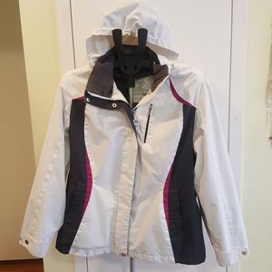 ZeroXposur women's white/grey/purple ski jacket.